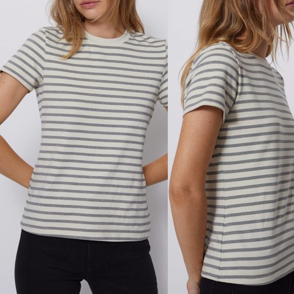 BLDWN Women's Perry Striped Cream Tee Shirt Size Large - Picture 2 of 6